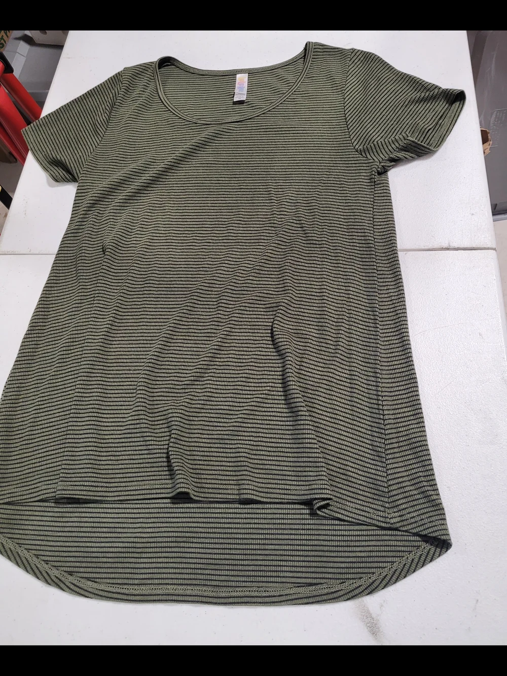 LuLaRoe Olive Green and Black Striped Short Sleeve Tee